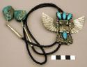 Bolo, silver eagle katsina w/ outstretched wings, inlaid turquoise stones