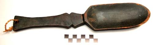 Spoon; carved wood; spade-shaped bowl; incised, perf. tapered handle; worn