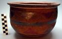 Ceramic pot, round, polychrome, incised geo band, chipped flaring rim, micaceous