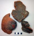 Fragments of earthen pots, called hibe and 2 broken, 1 repaired