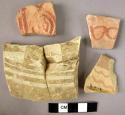Ceramic body sherds, white and red wares, painted linear design, 1 mended