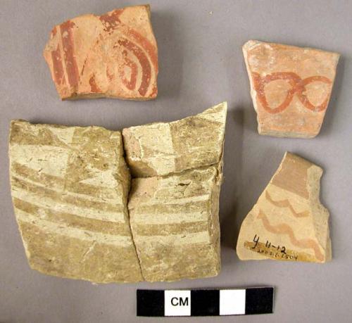 Ceramic body sherds, white and red wares, painted linear design, 1 mended