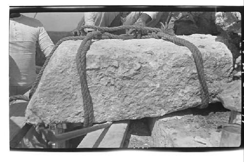 Caracol, during restoration of 5-member cornice. Close-up.