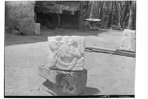 Sculptured stone from fill in Temple of Chac Mool
