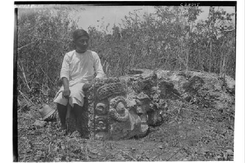 Ek-Balan, side view of Tlaloc carved altar in milpa.