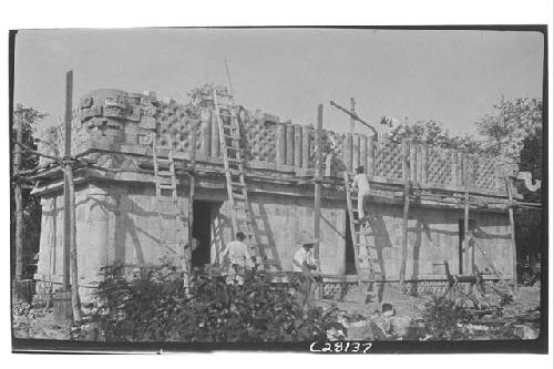 Temple of Three Lintels, front during restoration.