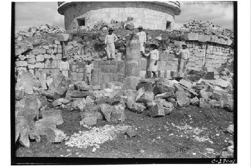 Caracol, SW corner of upper terrace under repair.