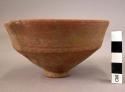 Ceramic footed bowl, red ware, mended, sherds missing, + 3 sherds
