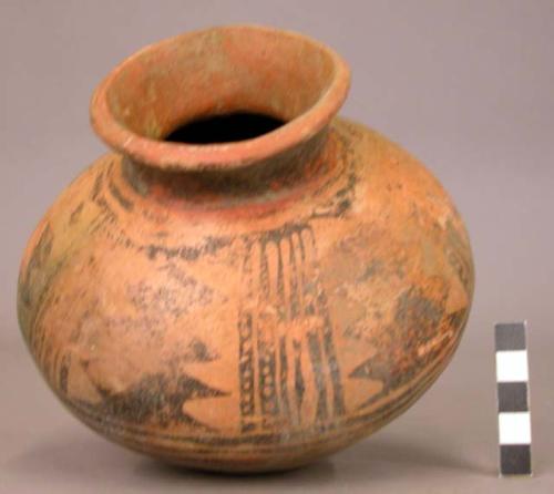 Pottery jar, small, red, black ornemtation on upper zone