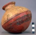 Pottery jar, base red, upper zone white with black ornamentation