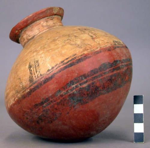 Pottery jar, base red, upper zone white with black ornamentation