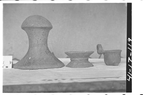 Red on Brown Phallus; Orange Ware Pot-Stand; Half of Orange Ware Double Bowl