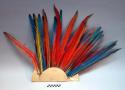 Headdress - blue, red, yellow feathers mounted on circular piece of +