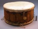 Large drum. Wooden barrel with hide on both sides.