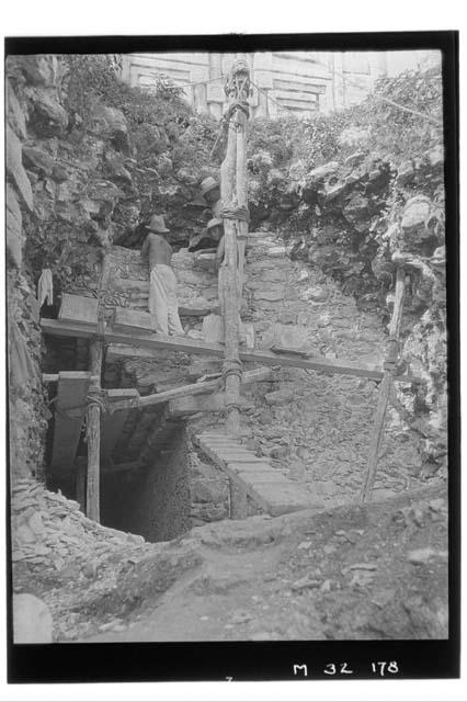 Cave repair at Monjas prior to completion of wall