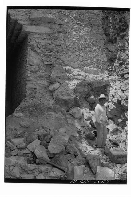 Monjas - main cave - repair of W. wall and base of support wall.