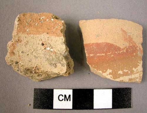 Ceramic body sherds, white slipped w. red painted stripes