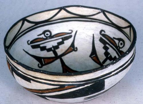 Bowl, polacca polychrome style c. int: plant & animal design; ext: linear design