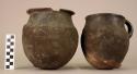 Pot, modern, pottery, wide mouth, incised rope marks in close rows over outer su