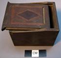 Box, wood, rectangular, sliding lid, wood inlay at top, broken slide groove