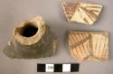 Ceramic sherds, 1 brown slipped with spout, 2 with painted floral design