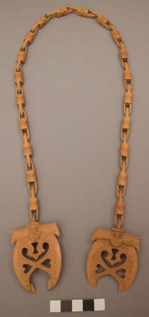 Pair of wooden spoons on wooden chain - carved - "marriage spoons"