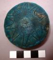 Ceramic lid, knobbed, blue glaze, 11 point radial design with rosette center