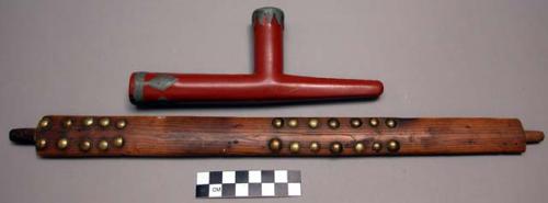 Pipe, carved wood stem, brass tack decoration; ground stone bowl, lead inlay