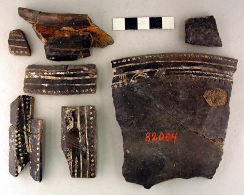 Ceramic sherds, rim and body, polished blackware, incised, white pigment