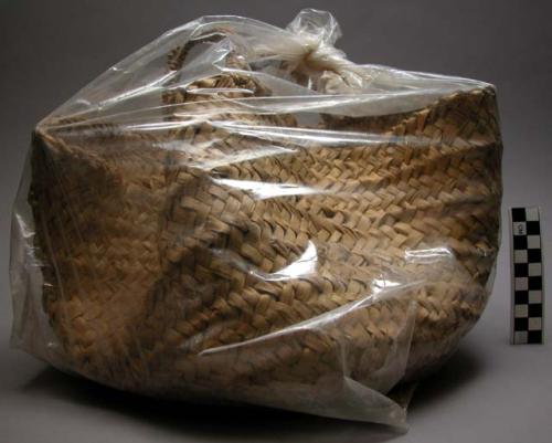 Basketry bag, woven veg. fiber, flat base, wrapped rim & handles, contains grain