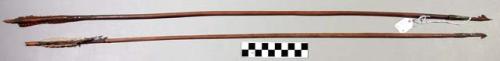 Two arrows with brown wooden shaft and metal point whose barb is broken off