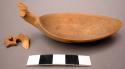 Spoon, carved wood, handle missing, incised designs, handle fragment