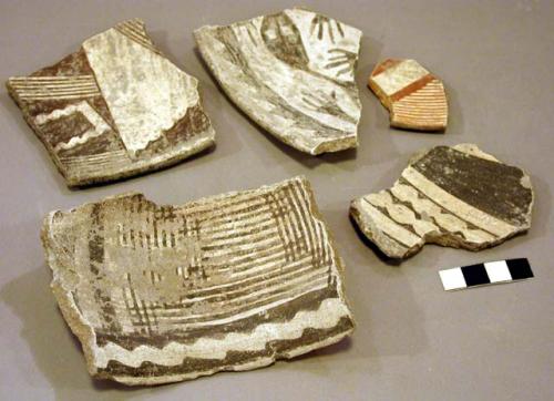 Ceramic rim and body sherds, various, geometric and figurative designs