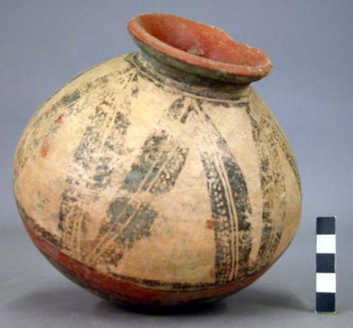 Pottery jar, base red, upper zone white with black ornamentation