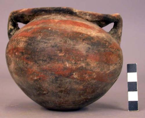 Pottery jar, with handles, red and yellow bands