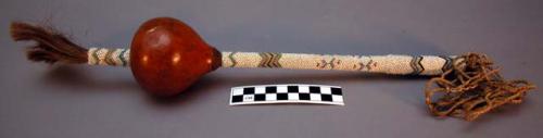 Kiowa dance rattle. Wood handle and gourd decorated w/ beadwork, hair & string