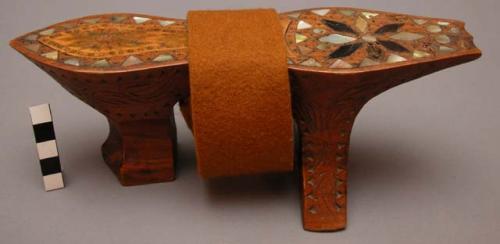 Pair of woman's clogs, wood with shell inlay and carving on the base