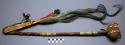Arapaho fixed stone headed club. Ovoid head, wood shaft. Quillwork & red pigment