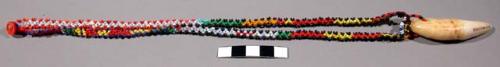 Man's beaded neckband, 4 strand multicolor, w/ jaguar tooth pendant