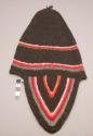 Black knitted man's cap - 2 vari-colored stripes on bottom & on each +