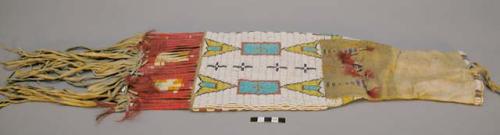 Pipe and tobacco case--skin decorated with green, red, yellow, blue beadwork