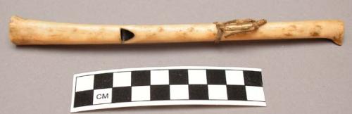 Sioux eagle bone whistle. Leather tied to one end. 18.4x1.7 cm.