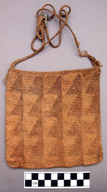 Knotless netted string bag, horizontal brown and ecru stripes. carrying strap, h