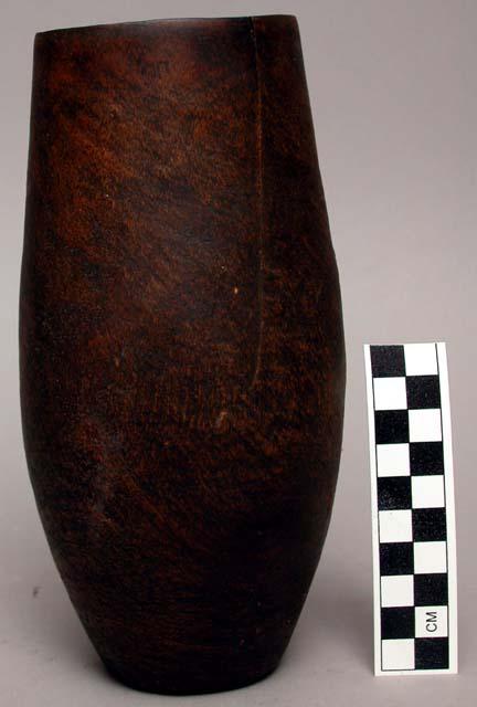 Cup, wood, stained, tall, narrow, flat base, 2 cracks at rim