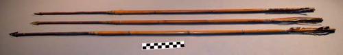 3 arrows, possibly from the Plains. Bands of red paint beneath feather fletching