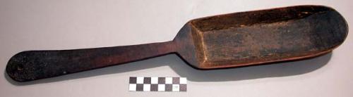 Spoon; carved wood; scoop-shaped bowl; tapered, perf. handle; worn