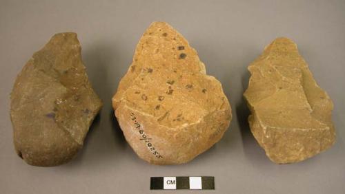 5 medium-sized quartzite hand axes roughly pointed in form with pebble butts