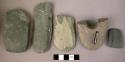 Ground stone axe, adze and axe fragments, green, polished, 1 perforated