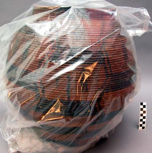 Large basketry jar with black designs of human figures and animals