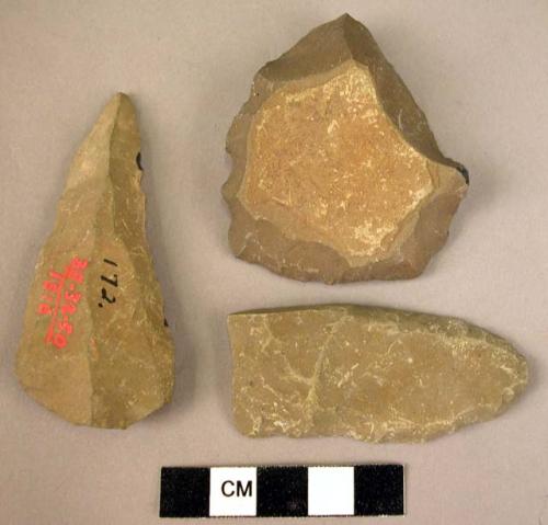 Stone side scraper; stone point, Levallois type; stone disc scraper